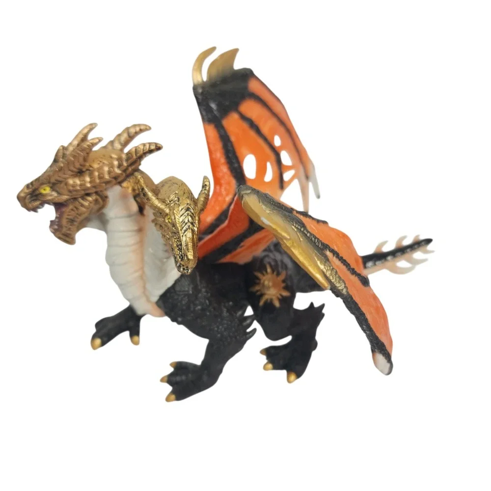 Dual Headed‎ Dragon Figure Fantasy Creature Orange Winged Gold Accents